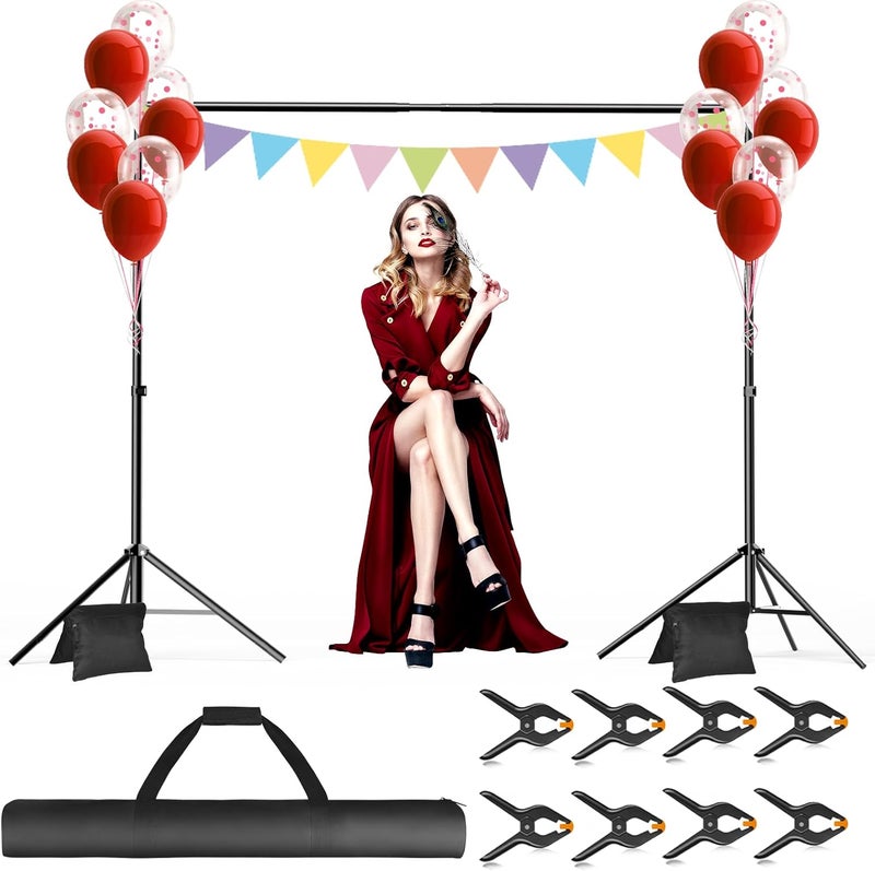 GLOSHOOTING Backdrop Stand, 10x7ft(WxH) Photo Background Stand Adjustable Support Kit with 2 Crossbars, 8 Backdrop Clamps, 2 Sandbags and Carrying Bag for Parties Photography Wedding Decoration - Image 1